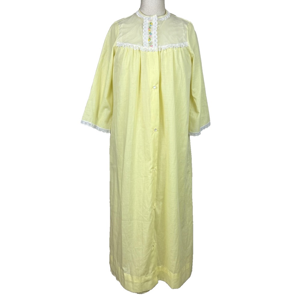 Vtg Sears Robe Gown Set Womens M Yellow Lace Floral Embroidered Cottage 70s READ